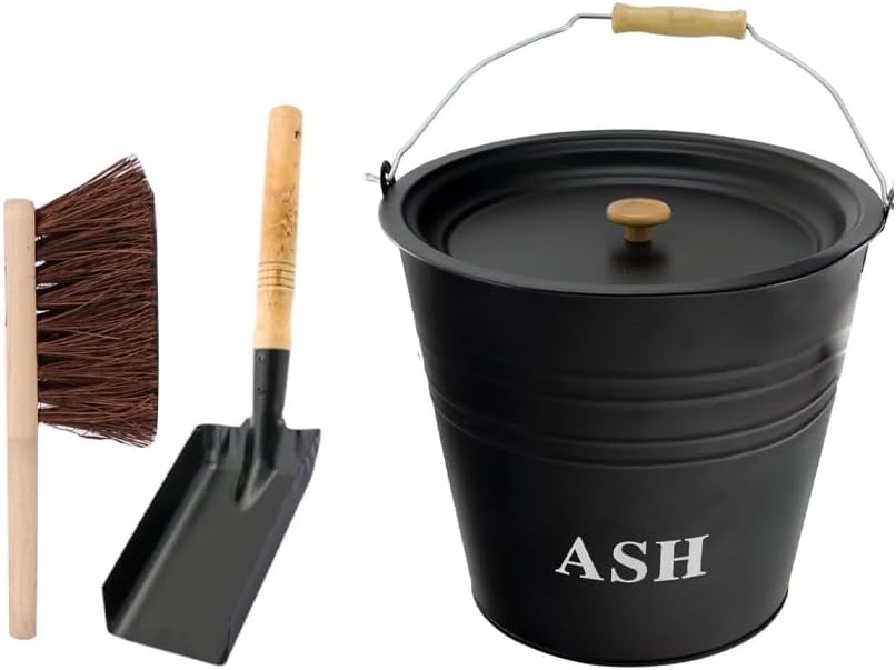12L Metal Ash Bucket with Lid, Brush & Shovel – Steel Coal Holder with Wooden Handle for Fireplace, Fire Pit, BBQ, Wood Burning Stove & Hearth – Ash Bin Storage Container Set