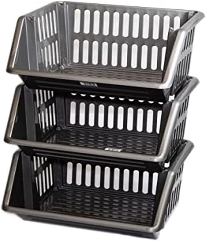 Compact 3 Tier Stackable Kitchen Sink Organiser| Durable Plastic Storage Basket | Multi-Purpose Stacking Basket | Kitchen Shelves Veg Rack, Plastic Fruit Storage Stand (Silver, 18 Centimetres)