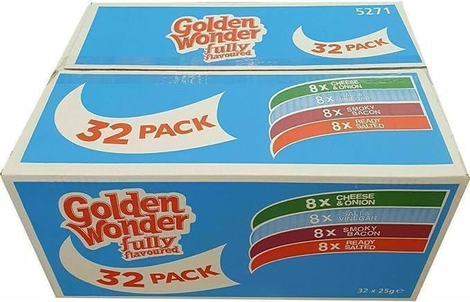 Golden Wonder Blue Snack Box - Fully Flavoured 4 Unique Flavours. Includes 32 Individual Packs (25g Each). A Delicious Variety in Every Box! For Snacking, Sharing, or Parties