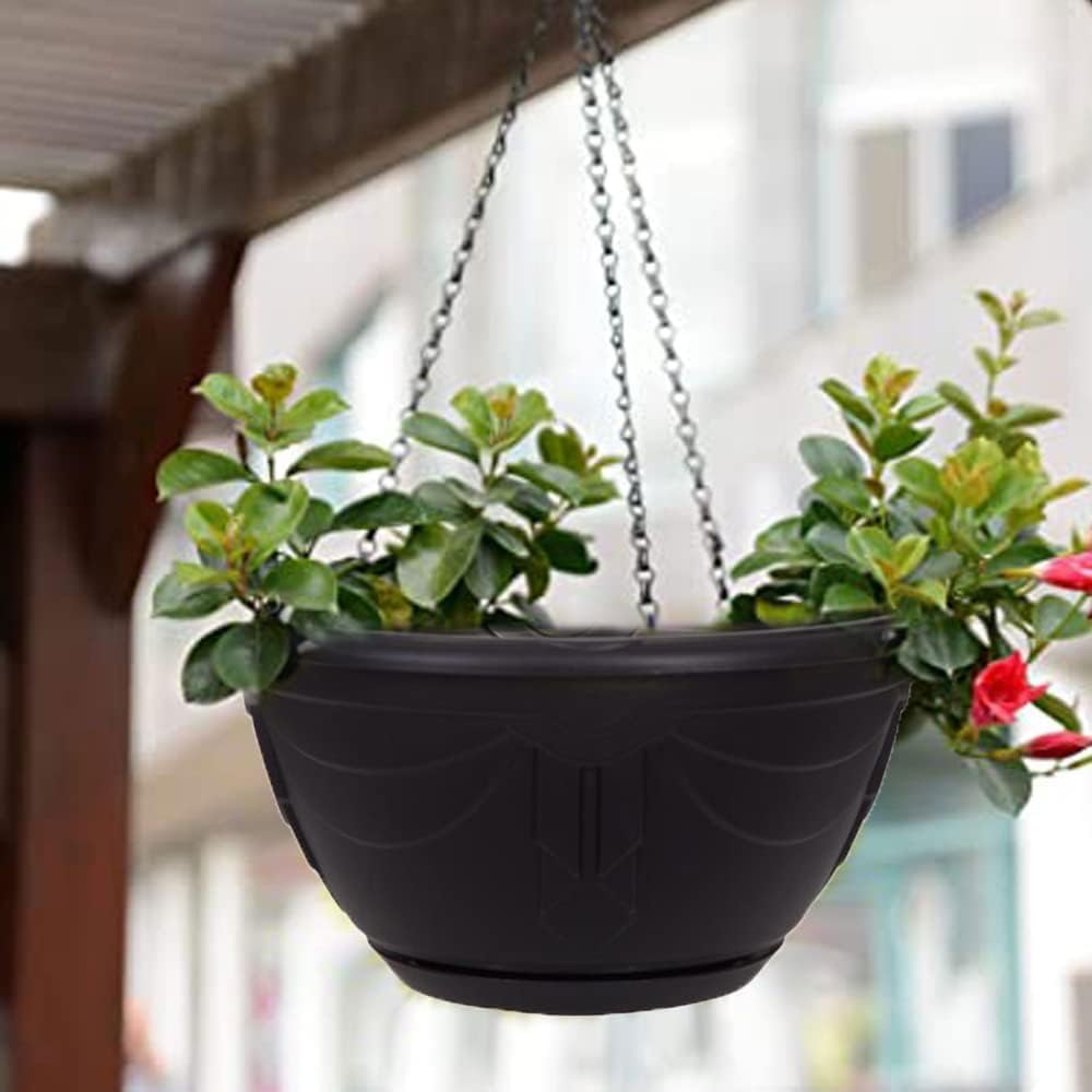 Flower and Herb Plastic Hanging Basket | Plant Saucer for Indoor Outdoor | Wall Planters | Plant Pots for Succulents | Hanging Flower Pots for Garden, Balcony - 32cm (Black - Pack 1)