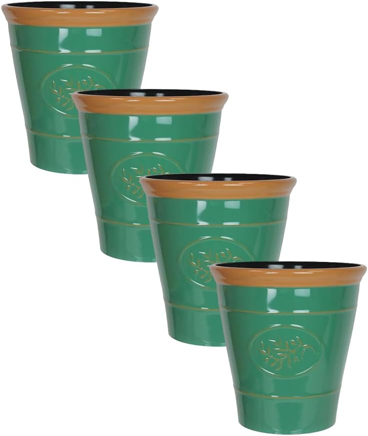 Metallic Effect Olive Plastic Planter for Gardening – Outdoor & Indoor Flowers Pot with Glossy Finish Weatherproof Garden Windowsills Home Plant Pot with Drainage Holes – (Dark Green, 30cm - Pack 4)