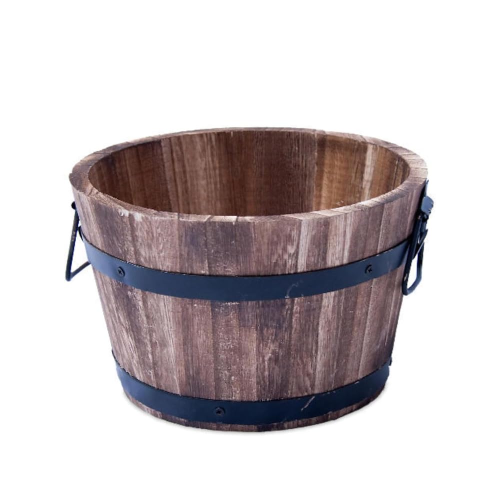 shopior Rustic Round Burnt Wood Whiskey Barrel Planter – Outdoor Wooden Garden Plant Pot with Handles – Weatherproof Flower Tub with Drainage – Decorative Patio & Balcony Planter (30cm 12inch 1Pack)