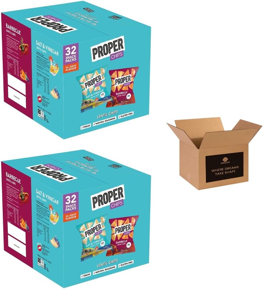 Multipack Lentil Chips – Vegan & Gluten Free Crisps – 32 x 14g Snack Packs (16 Barbecue + 16 Salt & Vinegar In a Single Carton) – Healthy Plant-Based Snack Box – Lunch, Travel & Sharing (2-Box)