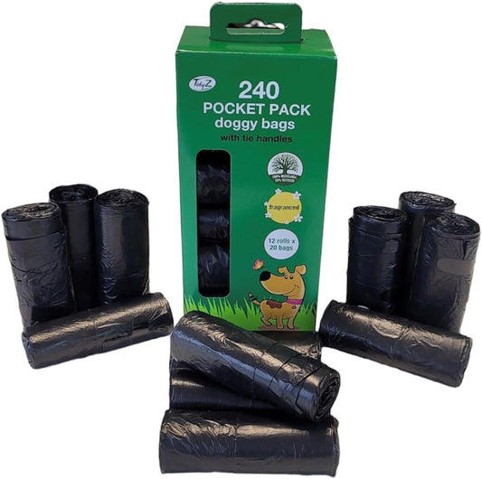 TidyZ 240 DOGGY BAGS WITH TIE HANDLES, POCKET PACK, FRAGRANCED, BLACK (12 rolls of 20 Bags)