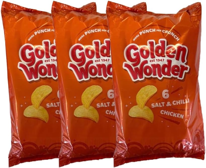 Golden Wonder Variety Crisp Pack Potato Crisps - 3 Pack of Delicious, Crunchy Snacks for Any Occasion | Family-Friendly Multi-Pack 25g (3 Pack, 6xSalt and Chilli Chicken)