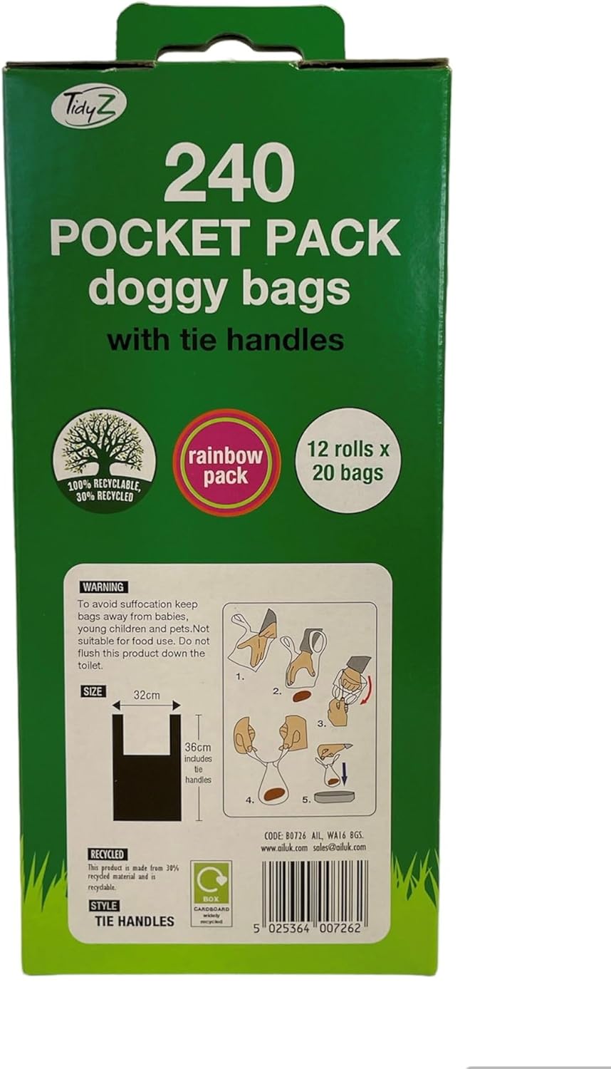 TidyZ 240 DOGGY BAGS WITH TIE HANDLES, POCKET PACK, RAINBOW COLOURS (12 rolls of 20 bags)