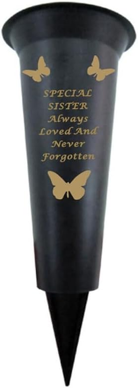 Memorial Grave Vases Ornaments Plastic Flower Holders - Butterfly Spike Grave Flower Vase Holders with Funeral Verses for Your Loved Ones - Black (Sister)