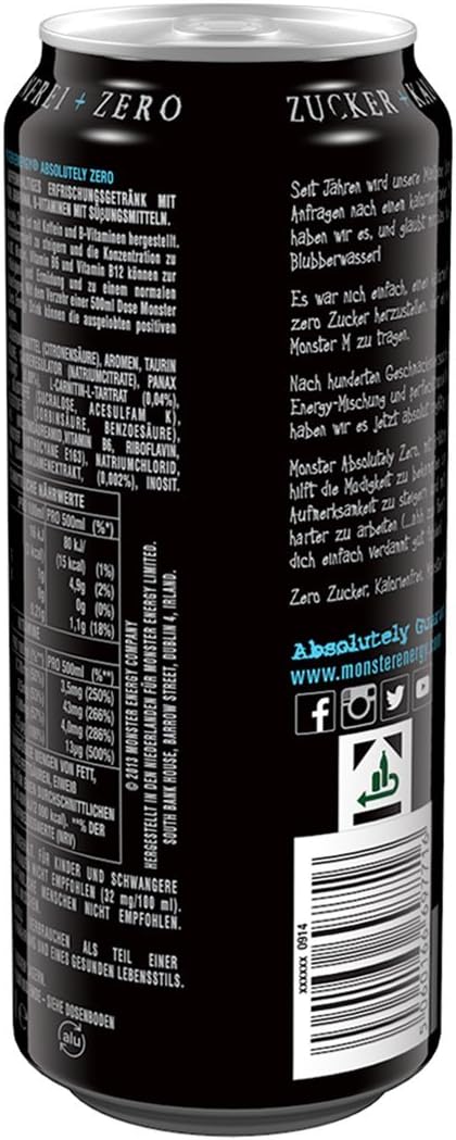 Monster Energy Absolutely Zero Energy Drink with Classic Monster Flavour but Zero Sugar & Zero Calories, Energy Drink Palette, Disposable Tin (24 x 500 ml)