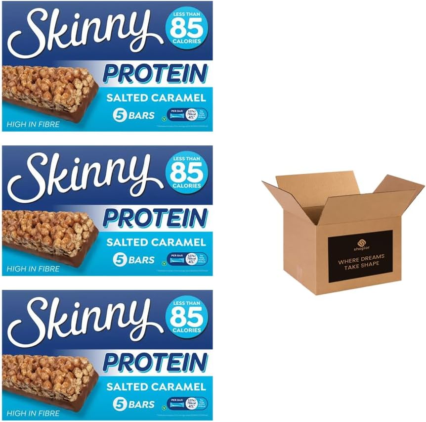 Skinny Protein Bars – Low Calorie High Fibre Healthy Snack Bars Under 95 Calories | Protein Treats for Weight Loss & Slimming Plans, Cereal Bars Healthy Snacks (Pack 3(15 Bars), Salted Caramel)