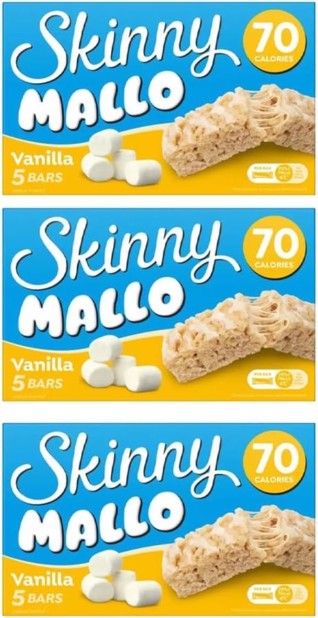 5 × Skinny Mallo Bars – Low Calorie Marshmallow Cereal Bars | Under 70 Calories Sweet Snack Treats for Kids & Adults, Healthy Snack Bars for Lunchboxes | (Pack 3(15 Bars), Vanilla)
