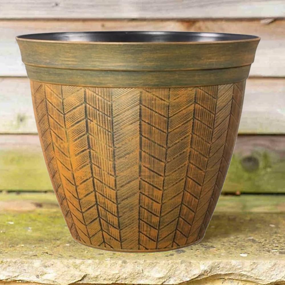 Round Orange Plant Pot with Drainage Holes – Large Rust Effect Planter | Weatherproof UV Resistant Outdoor Indoor Plastic Flower Pot | Decorative for Home Patio Balcony (1, Orange Panelled-38cm)