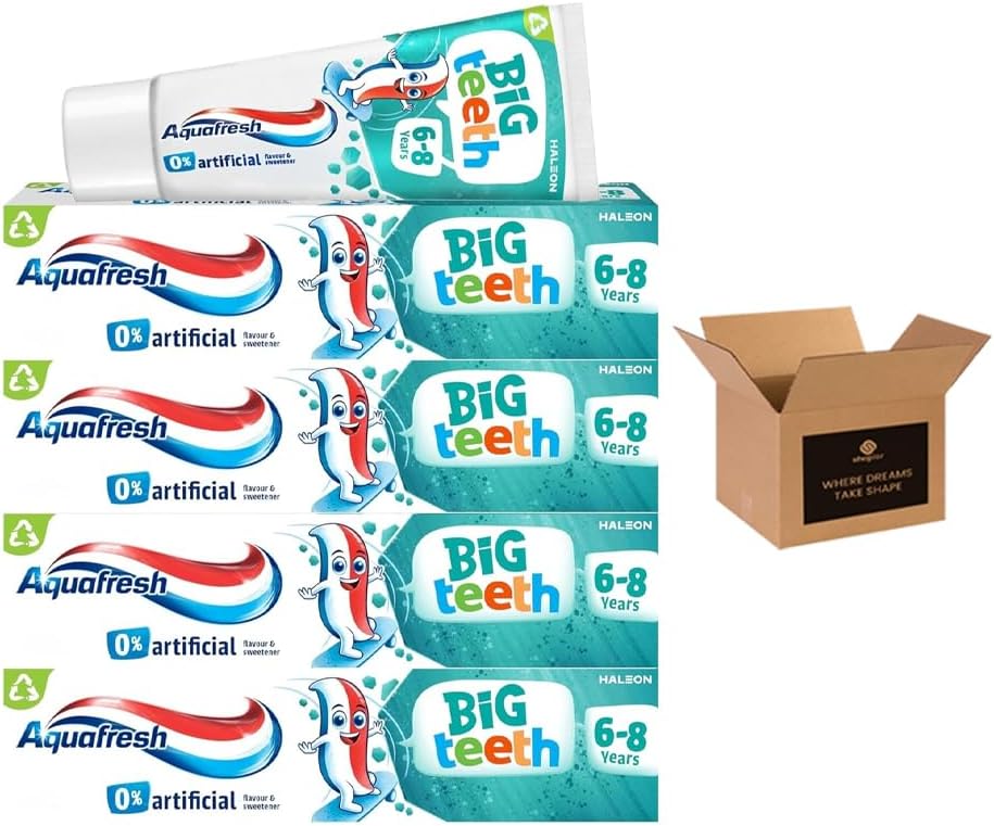 Aquafresh Big Teeth Kids Toothpaste 6–8 Years | Children’s Fluoride Toothpaste with Mild Mint Flavour – Enamel & Cavity Protection | Hadco Bundle with Fun Puffy Sticker Sheet for kids | (4 x 50ml) (4)