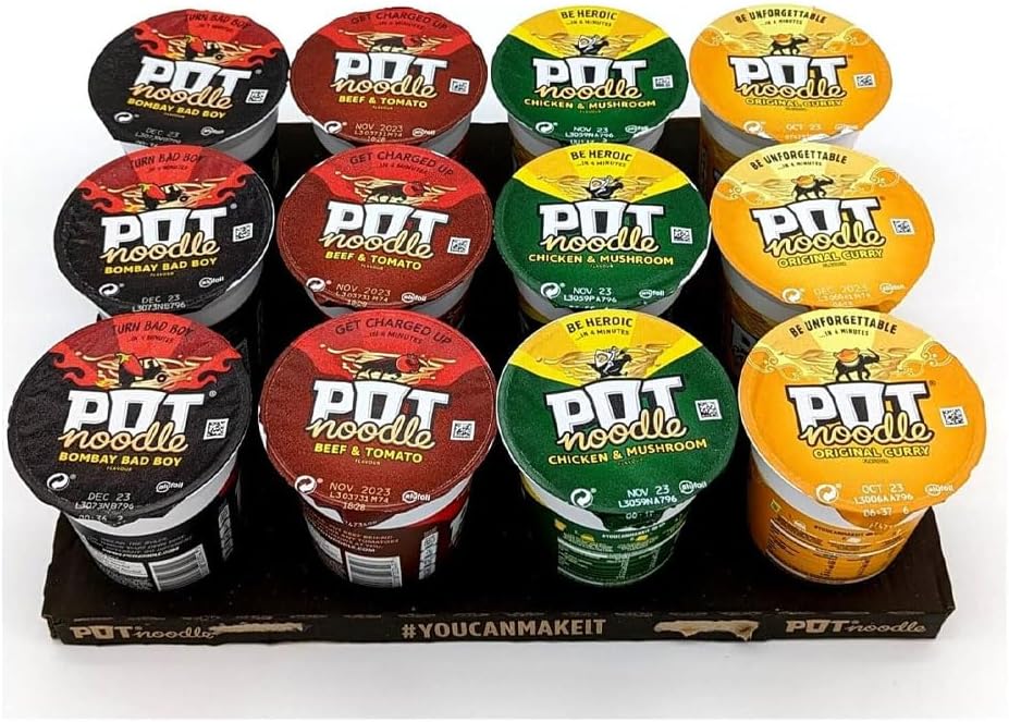 Noodle Multipack 12 – 3x Beef & Tomato, 3x Chicken & Mushroom, 3x Curry, 3x Bombay Bad Boy – Quick and Easy Instant Noodles, Ready Meal, Snack for Home, Office, Student, Camping, Travel – 90g Pots
