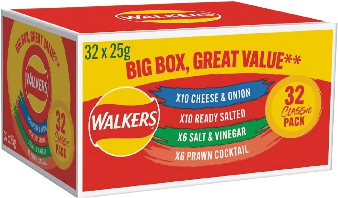 Walkers Classic Variety Crisp Big Box Pack- 4 Different Flavours - Walkers Cheese & Onion, Walkers ReadySalted, Walkers PrawnCockTail, Walkers Salt & Vinegar Gift Pack