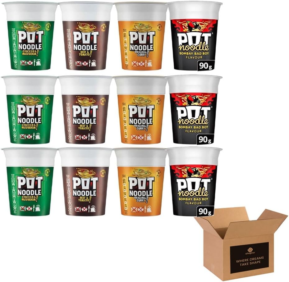 Noodle Multipack 12 – 3x Beef & Tomato, 3x Chicken & Mushroom, 3x Curry, 3x Bombay Bad Boy – Quick and Easy Instant Noodles, Ready Meal, Snack for Home, Office, Student, Camping, Travel – 90g Pots