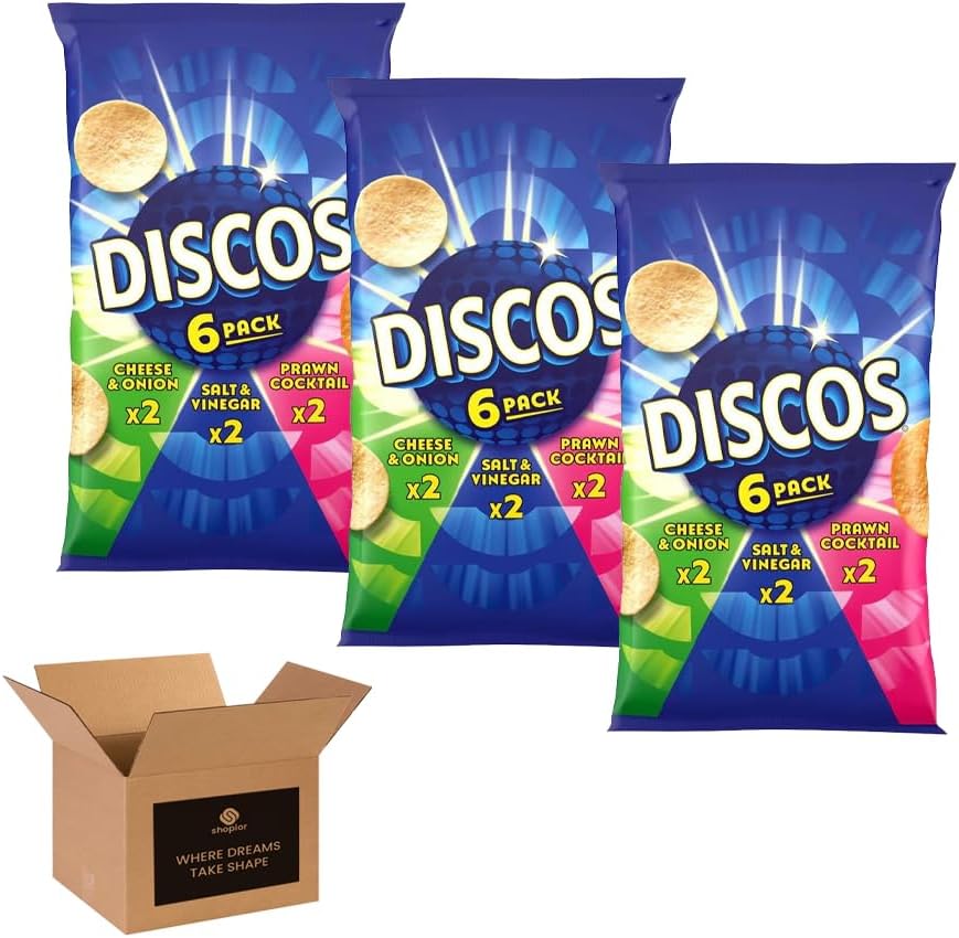 Discos Crisps Multipack 6 | Cheese & Onion, Salt Vinegar, Prawn Cocktail | Bold Flavour, Crunchy Snack for Lunchboxes, Office, School- (Pack 3, 6xSalt & Vinegar)