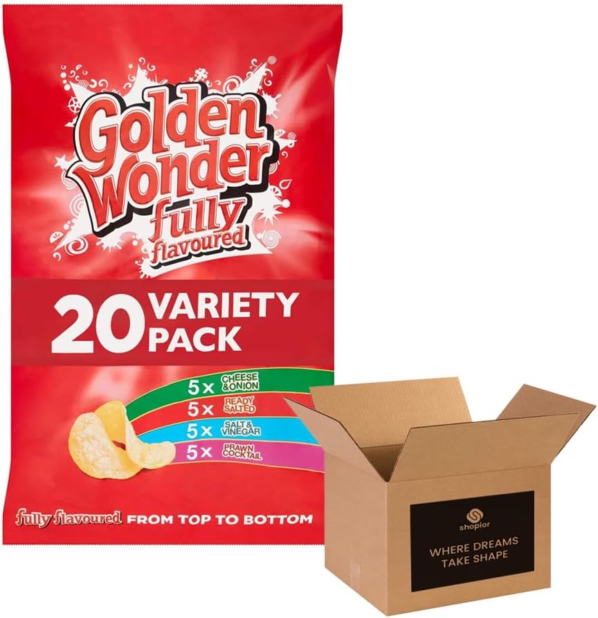 Golden Wonder Crisps | Fully Flavoured Snacks – Classic Flavors | British Potato Snack Bulk Pack for Kids and Adults Lunchboxes, Parties, and Sharing - 20 x 25g (1 Pack, Meat)