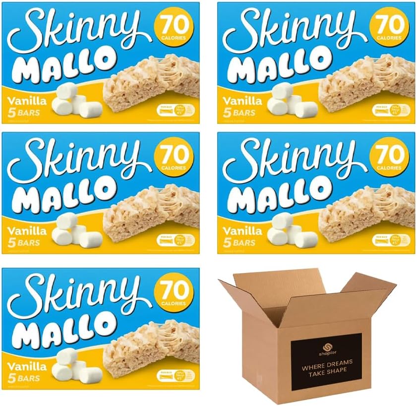 5 × Skinny Mallo Bars – Low Calorie Marshmallow Cereal Bars | Under 70 Calories Sweet Snack Treats for Kids & Adults, Healthy Snack Bars for Lunchboxes | (Pack 3(15 Bars), Vanilla)