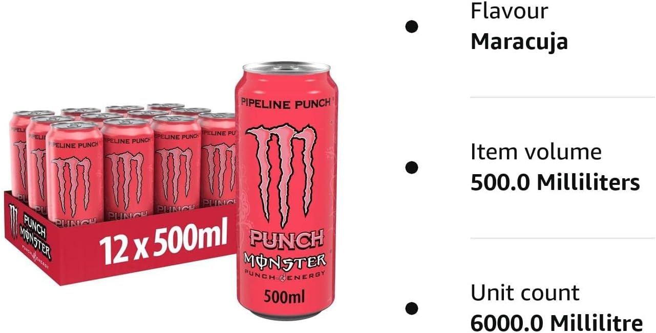 Monster Energy Pipeline Punch - Caffeinated Energy Drink with Refreshing Punch Flavour of Passion Fruit, Orange and Guava - in Practical Disposable Tins (12 x 500 ml)