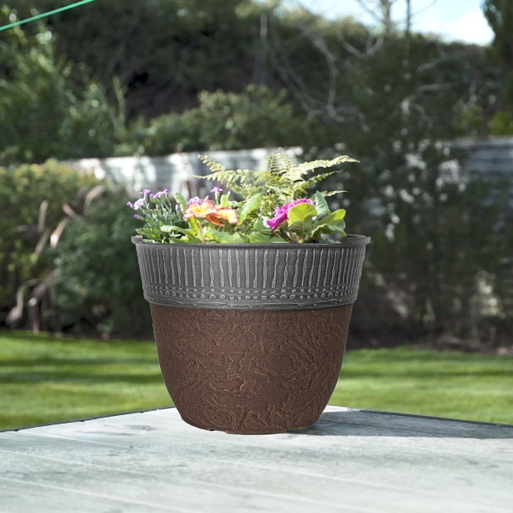 Stone Look Plastic Plant Pot – Large Round Outdoor Garden Planter with Modern Rim Design, Drainage Hole, Weatherproof – Indoor & Outdoor Flower Pot for Plants, Herbs & Shrubs (Grey-38cm, Pack 1)