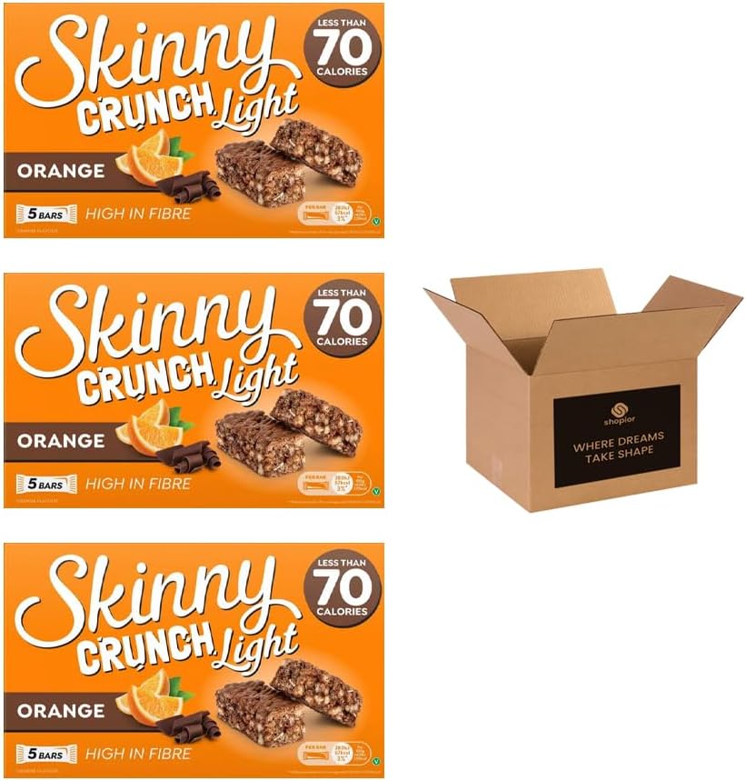 5 × Skinny Crunch Snack Bars – Less Than 90 Calories | High Fibre Cereal Bars Milk Chocolate Flavoured Coating | Snacks for Kids and Adults | Sweet Treat Gifts (Pack 3(15-Bars), Orange)