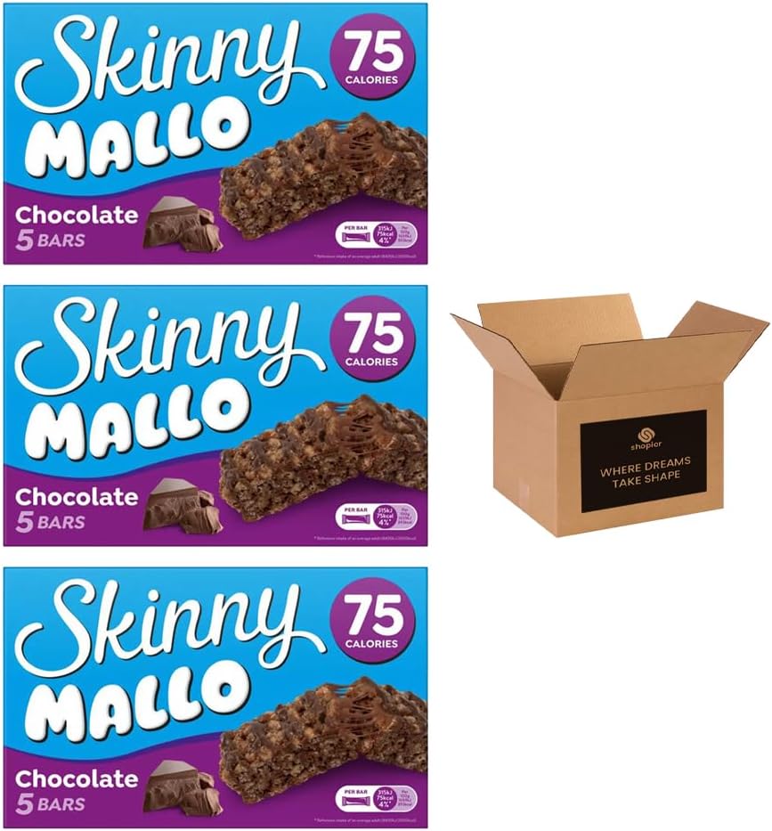 5 × Skinny Mallo Bars – Low Calorie Marshmallow Cereal Bars | Under 70 Calories Sweet Snack Treats for Kids & Adults, Healthy Snack Bars for Lunchboxes | (Pack 3(15 Bars), Vanilla)
