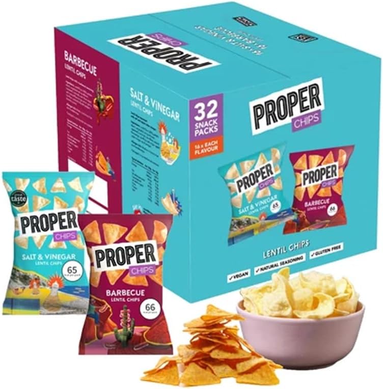 Multipack Lentil Chips – Vegan & Gluten Free Crisps – 32 x 14g Snack Packs (16 Barbecue + 16 Salt & Vinegar In a Single Carton) – Healthy Plant-Based Snack Box – Lunch, Travel & Sharing (2-Box)