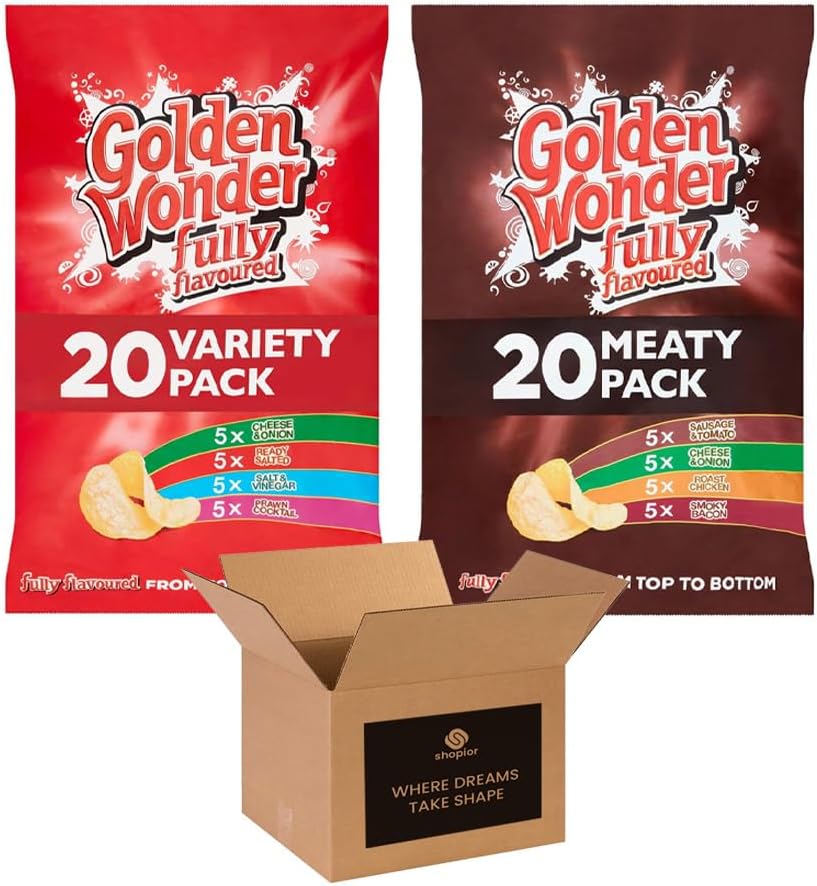 Golden Wonder Crisps | Fully Flavoured Snacks – Classic Flavors | British Potato Snack Bulk Pack for Kids and Adults Lunchboxes, Parties, and Sharing - 20 x 25g (1 Pack, Meat)