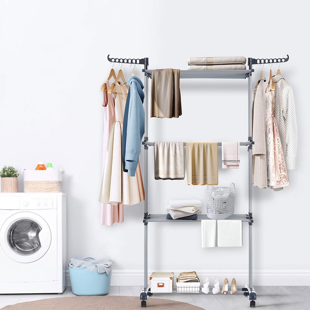 4-Tier Foldable Clothes Drying Rack Airer with Wheels | Large Stainless Steel Indoor Outdoor Laundry Garment Hanger with Adjustable Shelves & Foldable Wings for Towels, Bedding, Clothes, Shoes –Grey