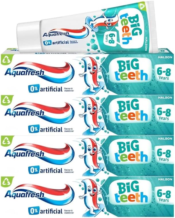 Aquafresh Big Teeth Kids Toothpaste 6–8 Years | Children’s Fluoride Toothpaste with Mild Mint Flavour – Enamel & Cavity Protection | Hadco Bundle with Fun Puffy Sticker Sheet for kids | (4 x 50ml) (4)