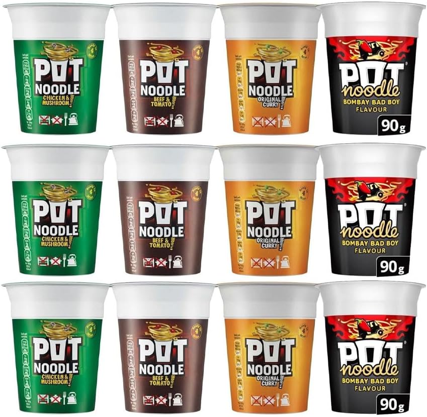 Noodle Multipack 12 – 3x Beef & Tomato, 3x Chicken & Mushroom, 3x Curry, 3x Bombay Bad Boy – Quick and Easy Instant Noodles, Ready Meal, Snack for Home, Office, Student, Camping, Travel – 90g Pots