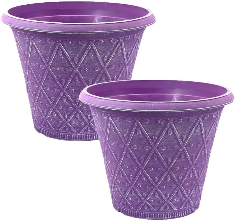 shopior Plastic Prisma Planters | Festive Garden Planting Pot 9L – Round Garden Plant Pots with Drainage Holes | Weatherproof Decorative Patio Flower Pot - (30cm - Purple, Pack 1)