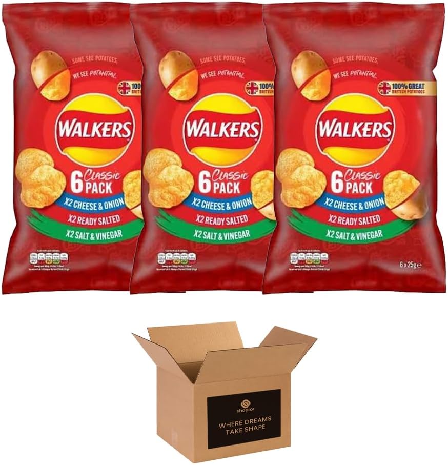 Walkers Crisps Variety Multipack | Assorted Flavours – Classic British Snack Box for Sharing, Lunchbox & Traveling – Family Party Pack Flavored Crispy Snacks (Pack 3, 6xTomato Ketchup 25g)