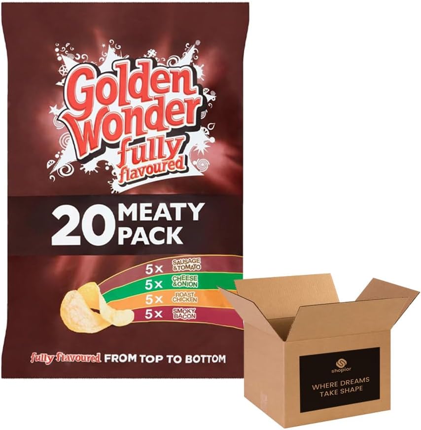 Golden Wonder Crisps | Fully Flavoured Snacks – Classic Flavors | British Potato Snack Bulk Pack for Kids and Adults Lunchboxes, Parties, and Sharing - 20 x 25g (1 Pack, Meat)