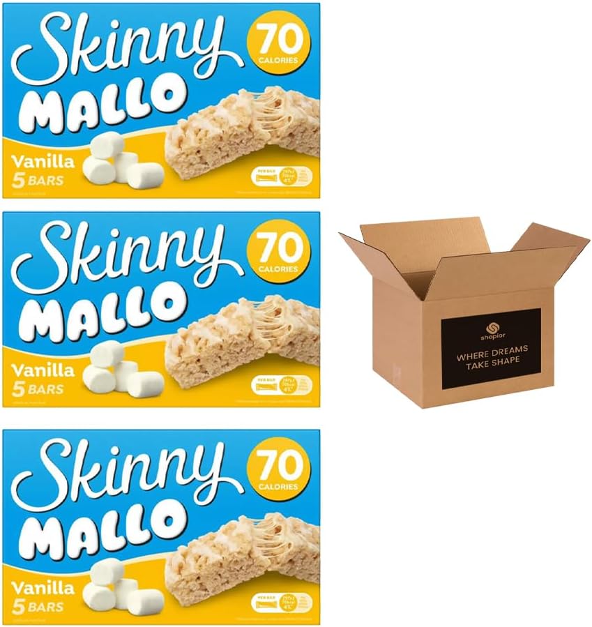 5 × Skinny Mallo Bars – Low Calorie Marshmallow Cereal Bars | Under 70 Calories Sweet Snack Treats for Kids & Adults, Healthy Snack Bars for Lunchboxes | (Pack 3(15 Bars), Vanilla)