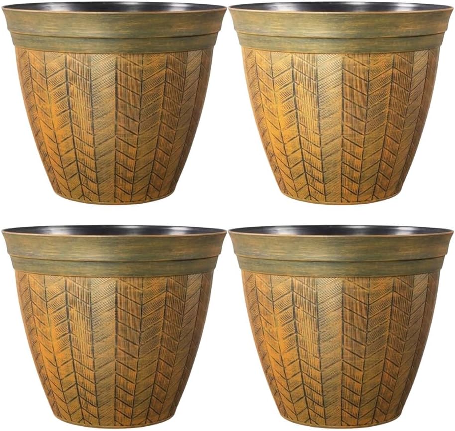 Round Orange Plant Pot with Drainage Holes – Large Rust Effect Planter | Weatherproof UV Resistant Outdoor Indoor Plastic Flower Pot | Decorative for Home Patio Balcony (1, Orange Panelled-38cm)