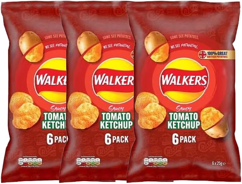 Walkers Crisps Variety Multipack | Assorted Flavours – Classic British Snack Box for Sharing, Lunchbox & Traveling – Family Party Pack Flavored Crispy Snacks (Pack 3, 6xTomato Ketchup 25g)