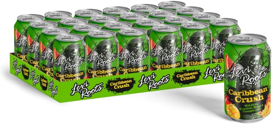 Levi Roots Caribbean Crush – Sparkling Fruit Juice Drink – Grapefruit, Mango & Pineapple – 24 x 330ml Cans – Vegetarian – Tropical Flavour – Party & Vending Pack