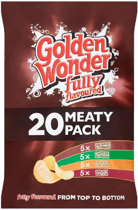 Golden Wonder Crisps | Fully Flavoured Snacks – Classic Flavors | British Potato Snack Bulk Pack for Kids and Adults Lunchboxes, Parties, and Sharing - 20 x 25g (1 Pack, Meat)