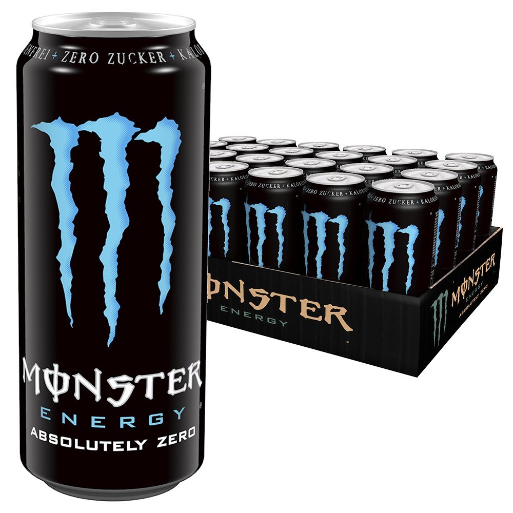 Monster Energy Absolutely Zero Energy Drink with Classic Monster Flavour but Zero Sugar & Zero Calories, Energy Drink Palette, Disposable Tin (24 x 500 ml)