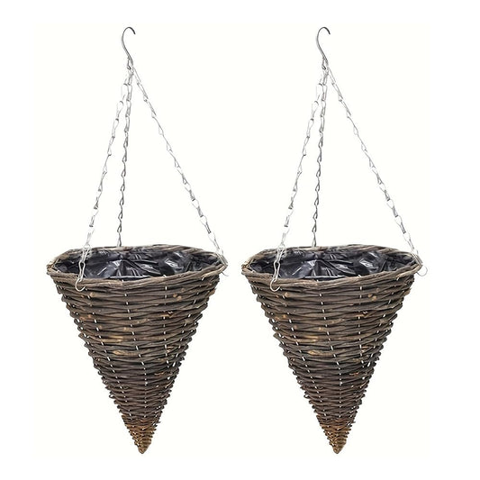shopior Wicker Basket Planters – Natural Rattan Willow Hanging Flower Pots with Polythene Liner & Metal Chain – Large Decorative Cone Shaped Hanging Planters for Indoor & Outdoor - 30cm,12" (Pack 2)
