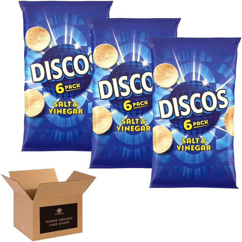 Discos Crisps Multipack 6 | Cheese & Onion, Salt Vinegar, Prawn Cocktail | Bold Flavour, Crunchy Snack for Lunchboxes, Office, School- (Pack 3, 6xSalt & Vinegar)