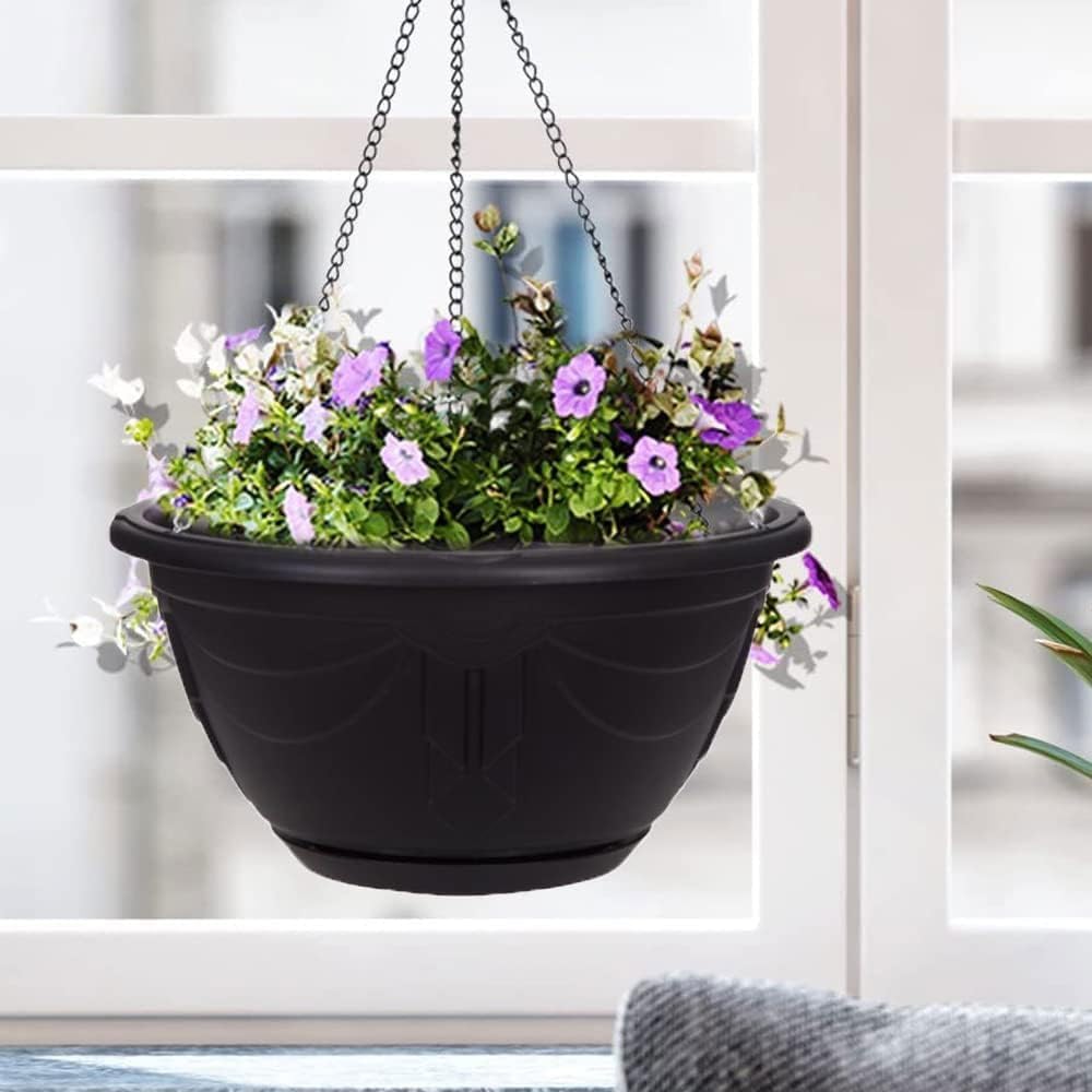 Flower and Herb Plastic Hanging Basket | Plant Saucer for Indoor Outdoor | Wall Planters | Plant Pots for Succulents | Hanging Flower Pots for Garden, Balcony - 32cm (Black - Pack 1)