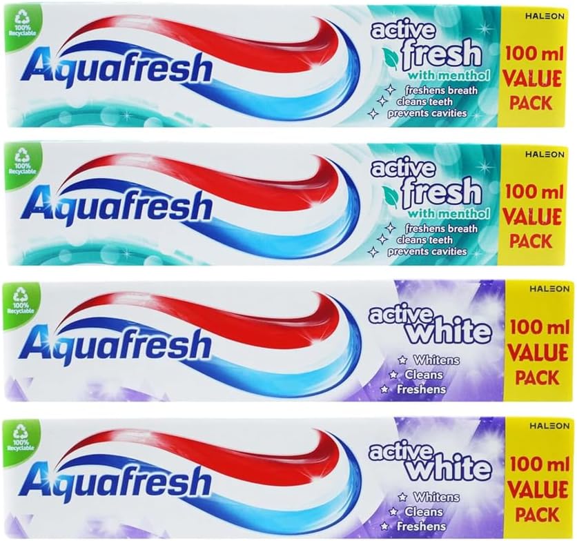 Aquafresh Toothpaste – Whitening & Fresh Breath with Fluoride | Removes Surface Stains, Protects Teeth & Gums – with Hadco Bamboo Toothbrush & Travel Case – (Pack 4, 2-Active Fresh & 2-Active White)
