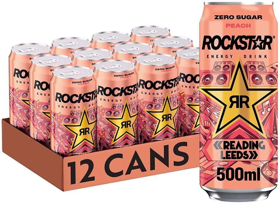 Rockstar Energy Drink - Peach - Non-Alcoholic - 155 mg Caffeine - Caffeinated Drink with Taurine, Niacine and Vitamin B6-12 x 500ml cans
