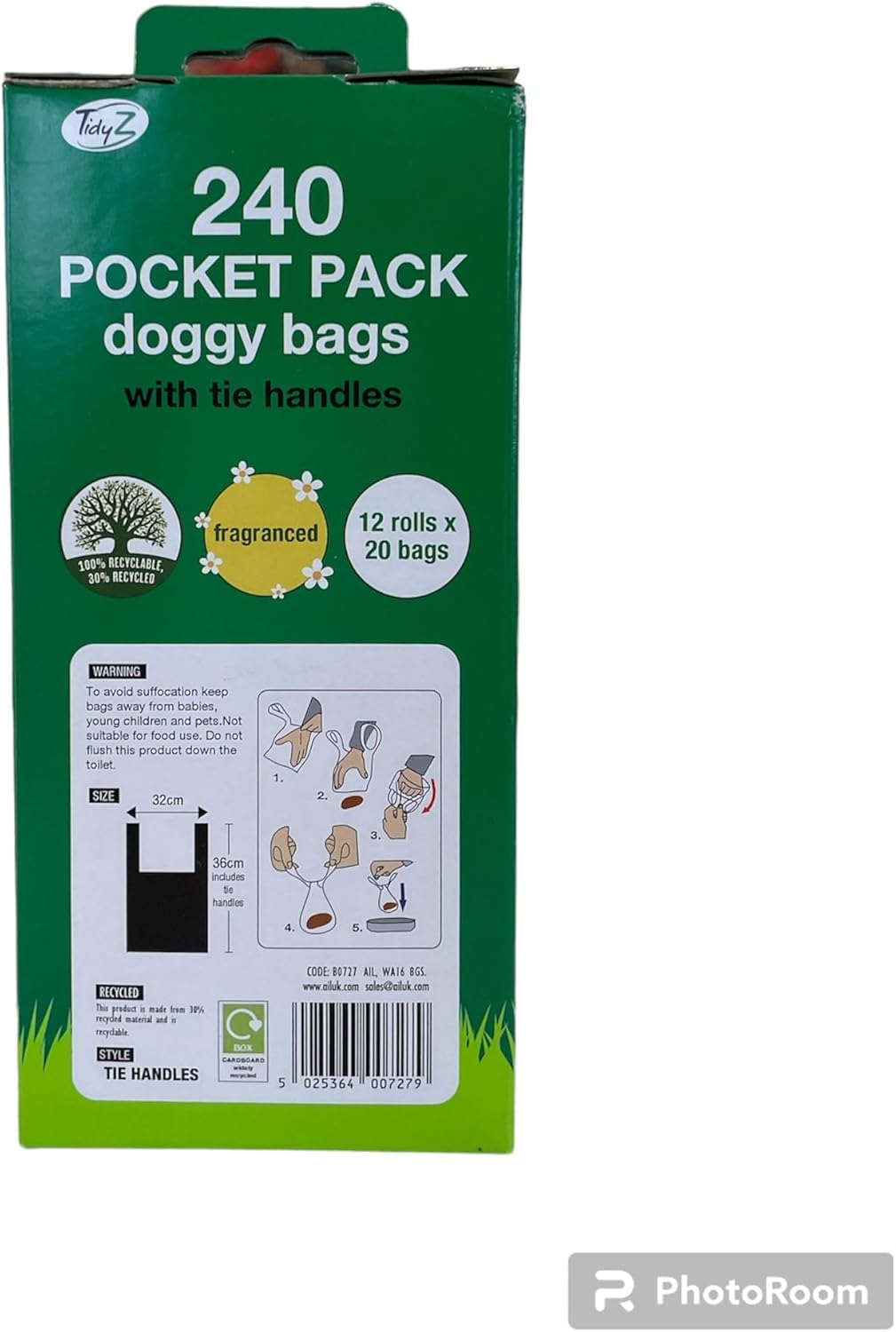 TidyZ 240 DOGGY BAGS WITH TIE HANDLES, POCKET PACK, FRAGRANCED, BLACK (12 rolls of 20 Bags)