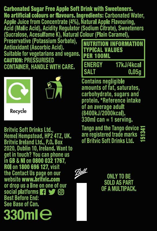 Tango Apple Sugar Free, 330ml, Pack of 24