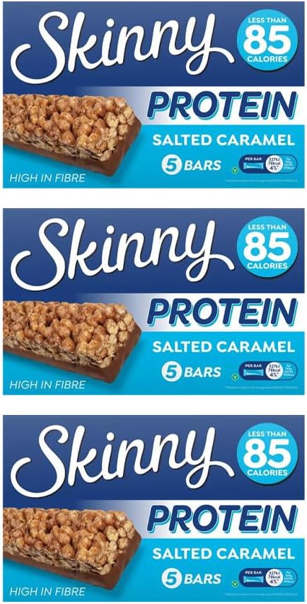 Skinny Protein Bars – Low Calorie High Fibre Healthy Snack Bars Under 95 Calories | Protein Treats for Weight Loss & Slimming Plans, Cereal Bars Healthy Snacks (Pack 3(15 Bars), Salted Caramel)