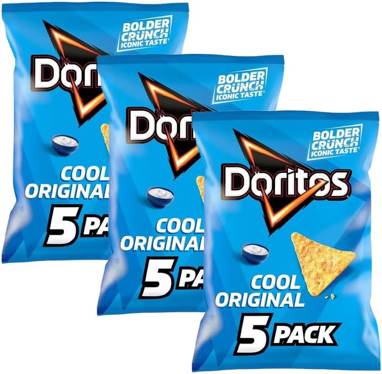 Doritos Tortilla Chips – Bold Crunch, Iconic Taste | Crispy Flavoured Corn Chips in Variety of Flavors – 5 Snack Bags per Pack | Party, Movie Night Crisps (Pack 3, 5xCool Original)