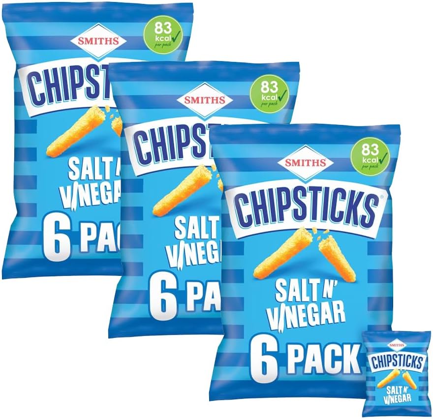 Smiths Chipsticks – Light & Crispy Flavoured Corn Snacks | Low Calorie Retro British Savoury Crisps | 6 Snack Bags | Lunchbox Snacks (Pack 3, Salt & Vinegar)